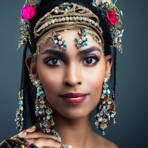 Prompt: close shot portrait of a lavish woman of society, wearing embellished jewelry and attire with woven flourishes, learned gaze in the eyes, bokeh, light from top right, diverse textures