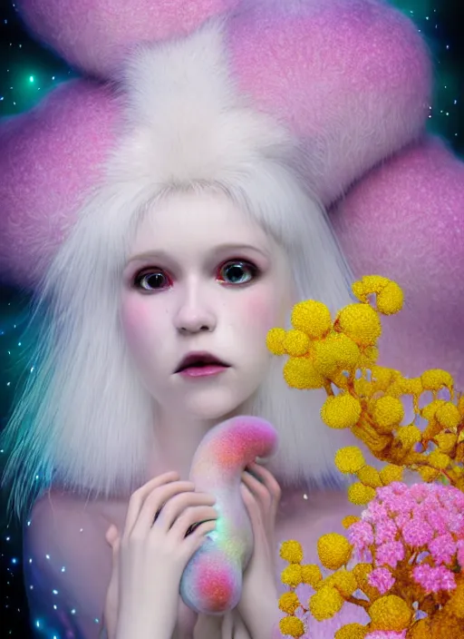 Image similar to hyper detailed 3d render like a Oil painting - kawaii portrait Aurora (white haired Singer Ferret) seen Eating of the Strangling network of yellowcake aerochrome and milky Fruit and Her delicate Hands hold of gossamer polyp blossoms bring iridescent fungal flowers whose spores black the foolish stars by Jacek Yerka, Mariusz Lewandowski, Houdini algorithmic generative render, Abstract brush strokes, Masterpiece, Edward Hopper and James Gilleard, Zdzislaw Beksinski, Mark Ryden, Wolfgang Lettl, hints of Yayoi Kasuma, octane render, 8k