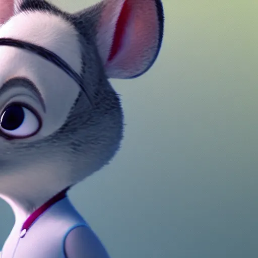 Image similar to 3 d render, portrait, anthropomorphic mouse, female, in a maxi white dress, in the style of zootopia, closeup, artstation, headshot