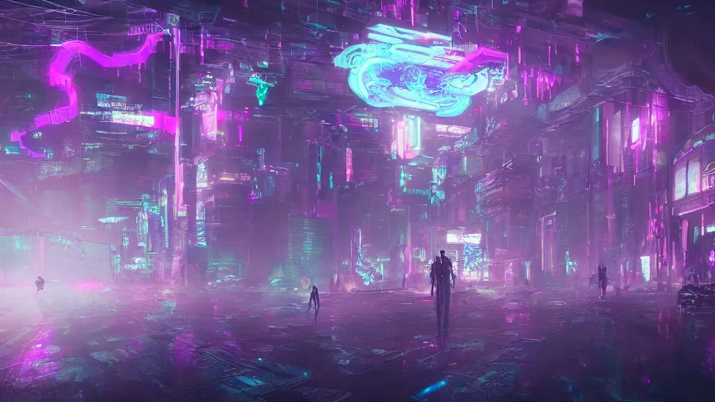 Prompt: glitchcore cyberpunk neon ghosts and spirits floating in a liminal space, surreal dream-like atmosphere, highly detailed, digital painting, artstation, concept art, matte, 8k ultraHD octane render