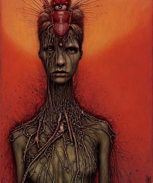 Image similar to a detailed mosquitowoman stands among the hills. wearing a ripped mantle, robe. perfect faces, gnats, extremely high details, realistic, fantasy art, solo, masterpiece, art by hermann nitsch, zdzislaw beksinski, dariusz zawadzki, giger, dragan bibin