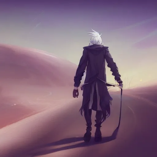 Image similar to a man with stylish white hair,an unusual beard and yellow eyes walking driving a scooter through a desert,character design by charlie bowater, ross tran, artgerm, and makoto shinkai, detailed, inked, western comic book art, 2021 award winning painting,digital art,art by greg rutkowski,photorealistic,highly detailed,hyperdetailed,hyperrealistoc,detailed face,surreal,fantasy,real life