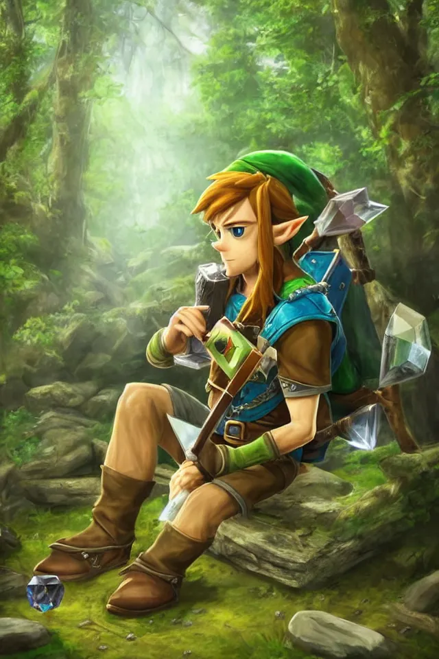 Image similar to a photorealistic portrait of link sitting in woods of hyrule playing ocarina, with a crystal texture and a dreamy atmosphere ， super wide angle ， matte painting ， rtx on ， trending on zelda ocarina of time