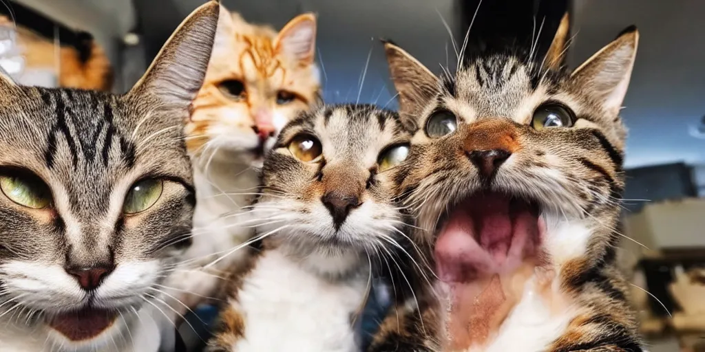 Prompt: a funny cat standing on its hind legs slaps a phone out of a dogs paw who is taking a selfie