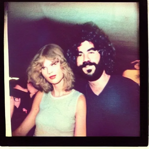 Image similar to found polaroid of my mom, who look exactly like Taylor Swift, hanging out with Jerry Garcia