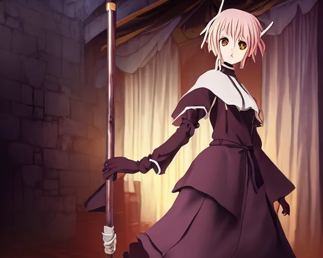 Image similar to key anime visual portrait of a young robed female witch holding a staff in a tavern interior, dynamic pose, dynamic perspective, cinematic, dramatic lighting, muted colors, fine detail, textured