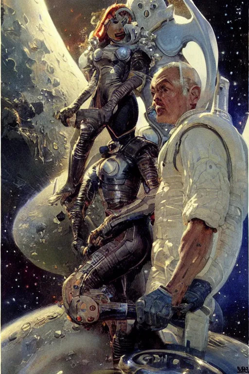 Image similar to full body portrait of gigantic viking demon standing beside elegant space woman in latex spacesuit, by norman rockwell, jack kirby, jon berkey, earle bergey, craig mullins, ruan jia, jeremy mann, tom lovell, marvel, astounding stories, 5 0 s pulp illustration, scifi, fantasy, artstation creature concept