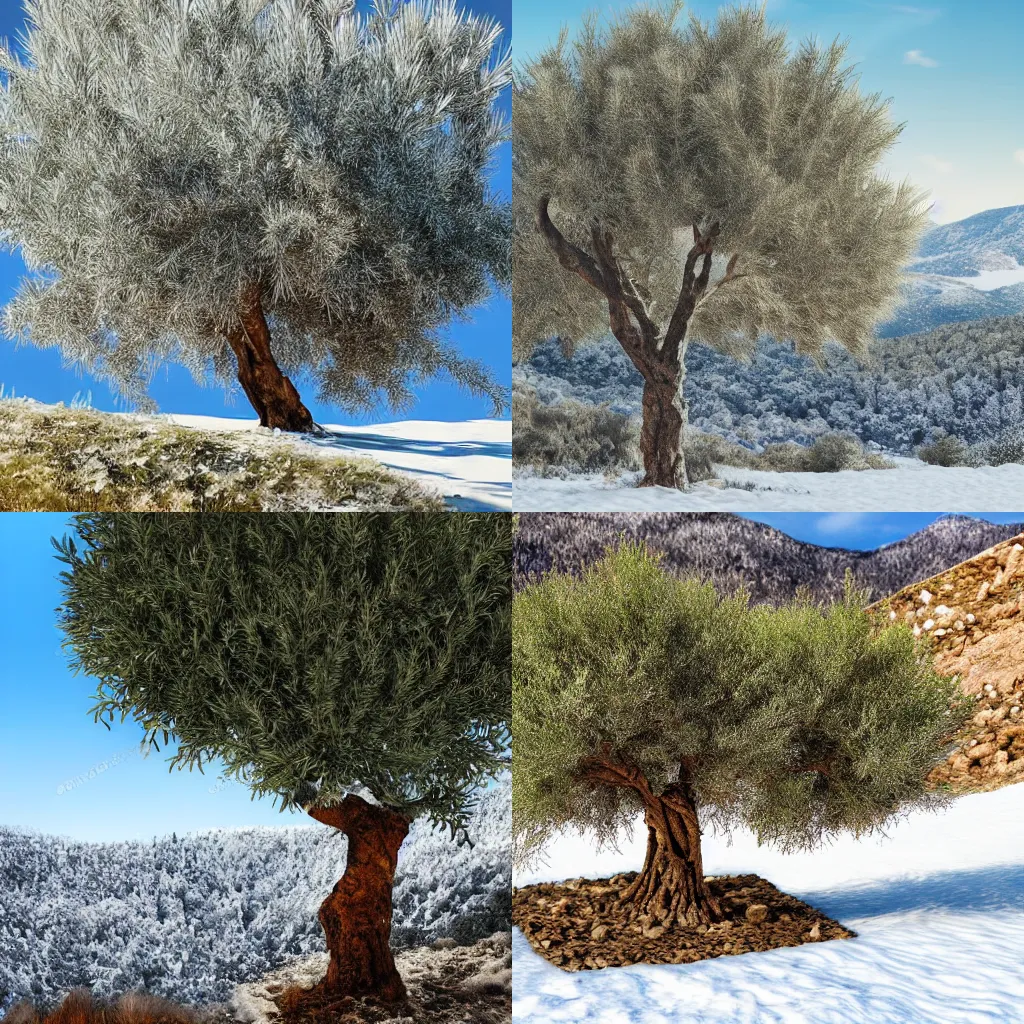 Prompt: an olive tree in the mountains in winter, photorealistic