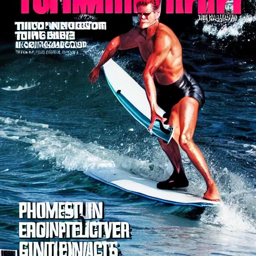 Image similar to terminator surfing in hawaii magazine cover