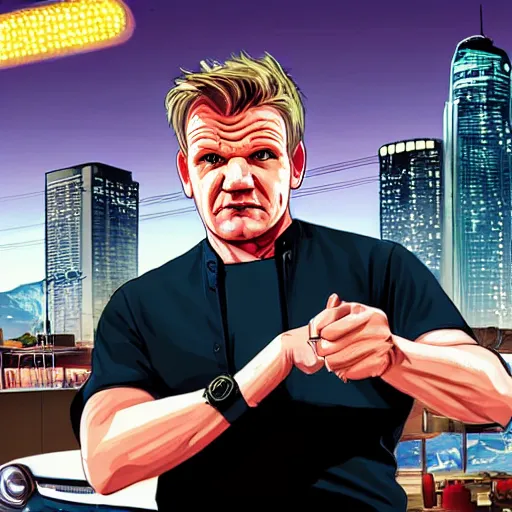 Prompt: gordon ramsay in gta v promotional art by stephen bliss, no text