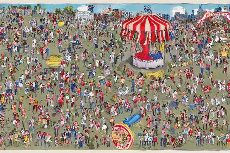 Prompt: an elaborate penned child illustration of an assortment of waldo's in new york city and central park hiding in difficult places, where's wally, where's waldo, carnival, zoo, pond, by martin hand ford and by jan van haasteren