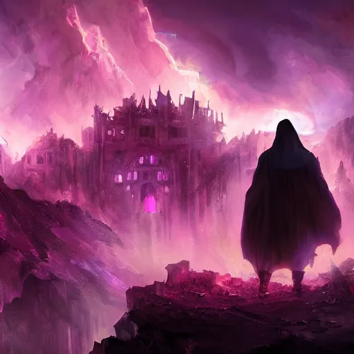 Image similar to a still of a cloaked figure standing in the ruins of crux prime, destroyed monastery, purple fiery maelstrom in the distance, digital art, artstationhq