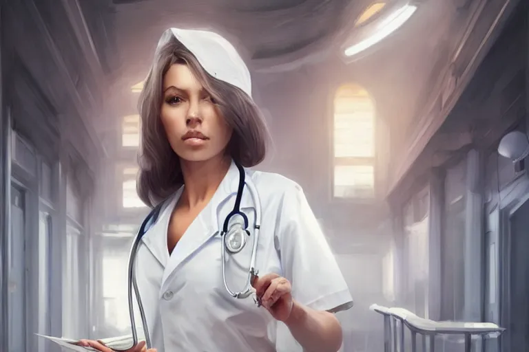 Image similar to a poster of an elegant and beautiful female doctor in a white coat in a hospital ward, cinematic, highly detailed, digital painting, artstation, concept art, matte, sharp focus, illustration, art by artgerm and greg rutkowski