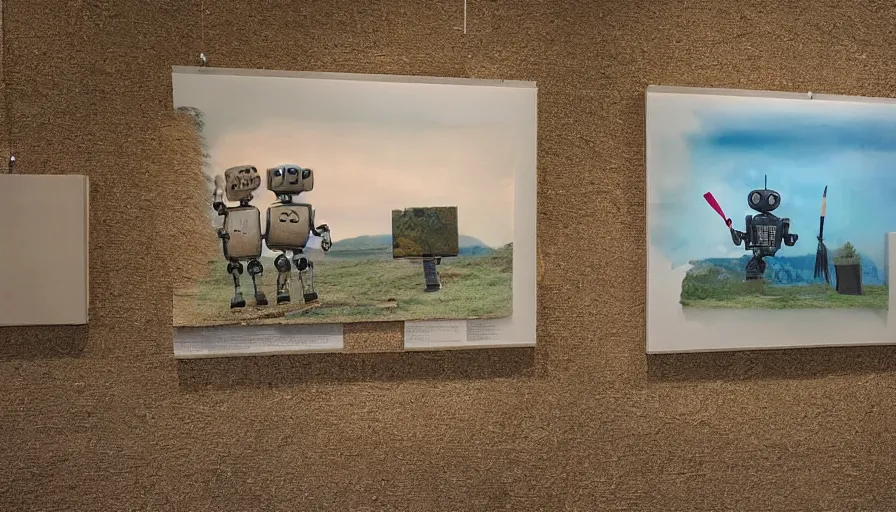 Prompt: robots holding paintbrushes against photos of landscapes in a gallery