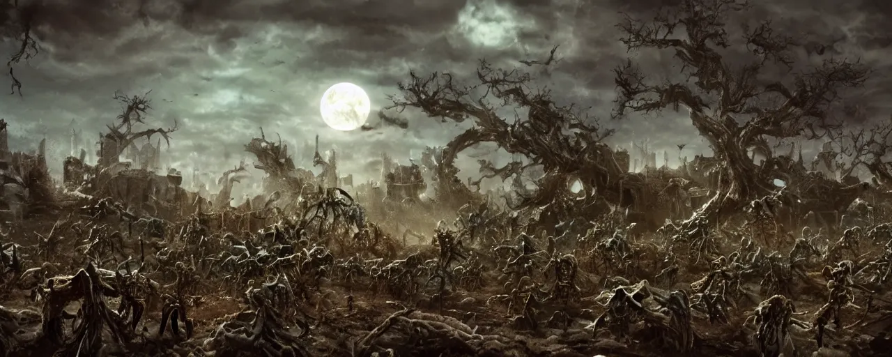 Prompt: hordes of skeletons battling with scifi weapons, at a ruined palace at night, beautiful clouds and trees, moonlight, cinematic lighting, cineovision