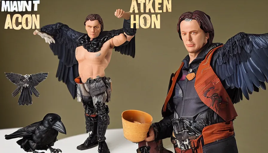 Image similar to action figure in package, man with raven as a head, collectors edition, mint condition