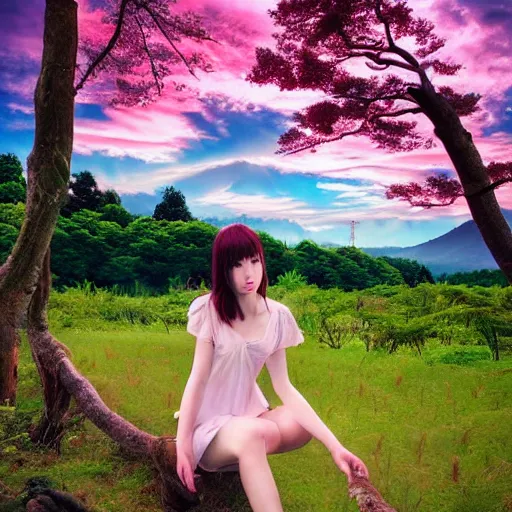 Image similar to a beautiful photograph of a girl with japan landscape in the background with trees, hdr, 8 k, high quality, sharp focus, artstation, highly detailed, award - winning, dramatic lighting, beautiful clouds, and nature