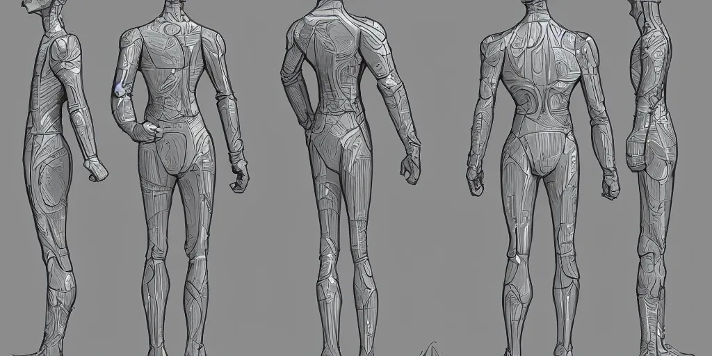 Image similar to male, elongated figure, space suit, large shoulders, short torso, long thin legs, cartoon proportions, tiny feet, character sheet, digital sketch, very stylized, concept design, by jean giraud