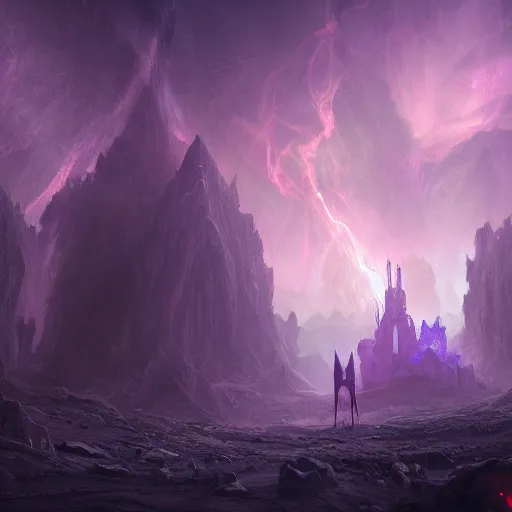 Image similar to a still of a cloaked figure standing in the ruins of crux prime, destroyed monastery, purple fiery maelstrom in the distance, digital art, artstationhq