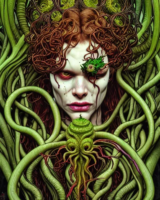 Image similar to closeup portrait the platonic ideal of flowers and roots of cletus kasady, venom, poison ivy, ultimate beautiful succubus medusa, cthulhu, intricate, hyperrealism, intense, dmt, artgerm, moebius, greg rutkowski, dan mumford, alphonse mucha