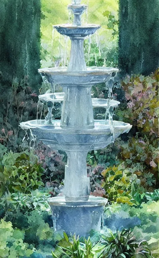Image similar to concept art of a magical fountain in a garden, pinterest, artstation trending, behance, watercolor, by coby whitmore, silver, laser light,