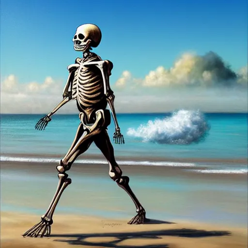 Image similar to Beautiful digital painting portrait of relaxed skeleton walking on the tropical beach with nuclear bomb explosion in the background, by James Gurney, high quality, trending on Artstation, realistic, tropical color scheme, anatomically correct skeleton, high coherence, clear blue sky