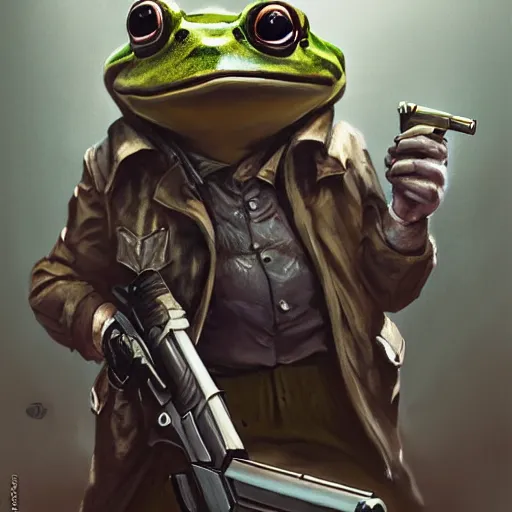 Prompt: badass gangsta frog. a frog mafia boss holding gun. nuri iyem, james gurney, james jean, greg rutkowski, anato finnstark. 1 3 5 mm