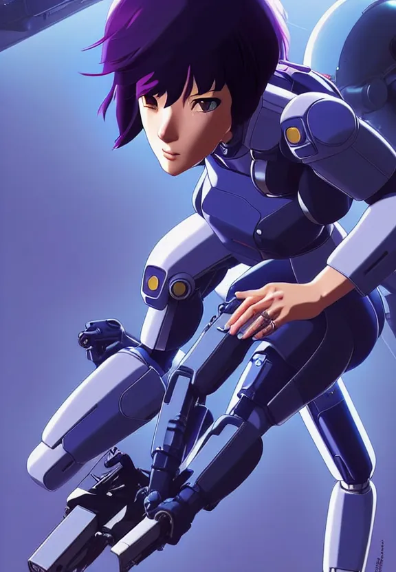 Image similar to a fullbody pose of motoko kusanagi riding a tachikoma, ghost in the shell : : connected to cables, under repairs, maintenance area, technicians : : by ilya kuvshinov, rossdraws, artgerm, sola digital arts, anti aliasing, raytracing : :