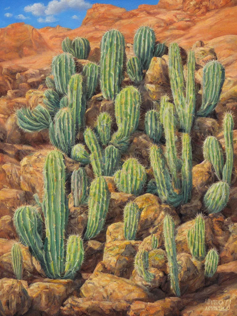 Prompt: beautiful oil painting a large cactus plant and rocks on the desert by Mark Maggiori
