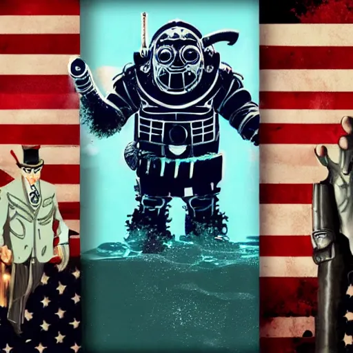 Image similar to joe biden bioshock big daddy, bioshock screenshot lovecraftian fan art, swimming, patriot, artgerm