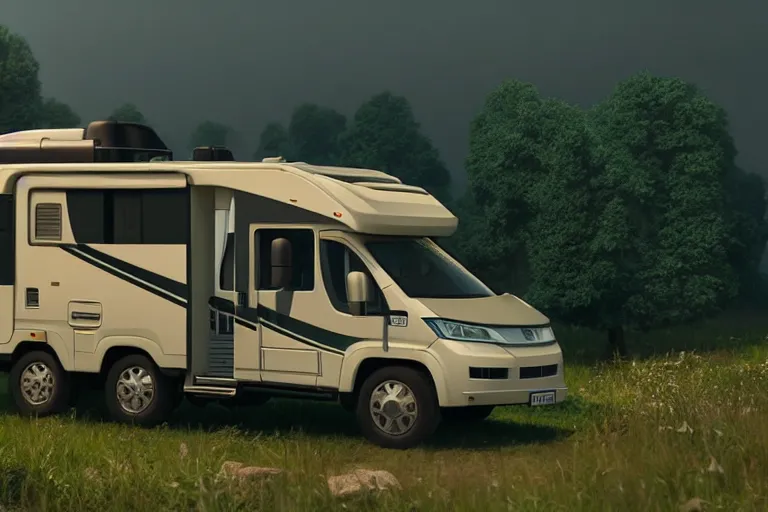 Prompt: a wholesome animation key shot of!! one!! focused! hymer motorhome! in romanian countryside, medium shot, studio ghibli, ( pixar ) and disney animation, sharp, very detailed, high resolution, rendered in unreal engine 5, anime key art by greg rutkowski, bloom, dramatic lighting