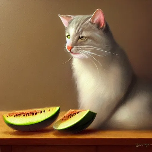 Image similar to very detailed masterpiece painting of a cat eating a melon, portrait, artstation, concept art by greg rutkowski