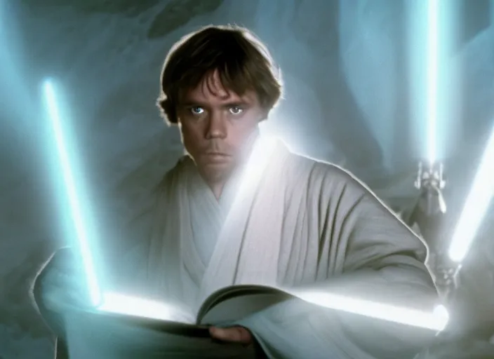 Image similar to single portrait of Luke skywalker uncovering the glowing book of ancient jedi texts. a hazy ethereal ancient temple, screenshot from the 1983 film, Photographed with Leica Summilux-M 24 mm lens, ISO 100, f/8, Portra 400, kodak film, anamorphic lenses