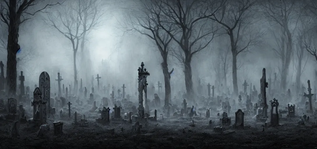 Prompt: A dark and haunted graveyard with ghost and zombies in the style of Keith Thompson, christopher bretz and kael ngu and Zdzislaw Beksinski, Artstation HD, 8k, Surrealistic digital artwork, highly detailed, digital painting, HDRI, vivid colors, high contrast, 8k resolution, intricate, photorealistic, smooth