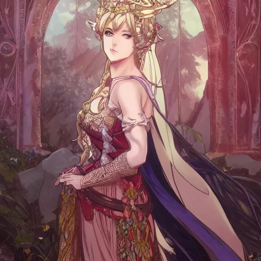 Image similar to anime key visual of amora the enchantress wearing a medieval gown!! intricate, magical forest, stunning, highly detailed, digital painting, artstation, smooth, hard focus, illustration, art by artgerm and greg rutkowski and alphonse mucha