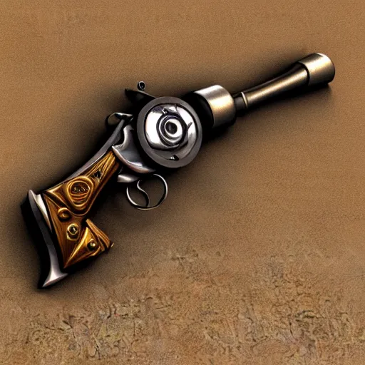 Image similar to a 3d design of a steampunk revolver