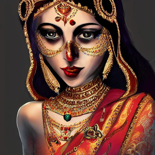Prompt: beautiful Hindu queen of the dark with veil, in darkness, cover with blood, horror terrifying, soft light, surreal realistic, photorealistic, hyper details, full HD, 8k!