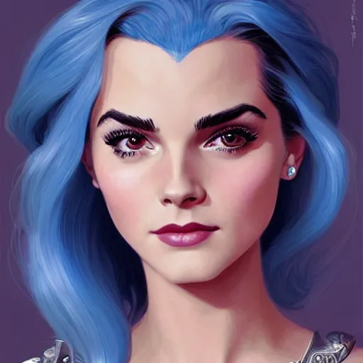 Prompt: A combination of Grace Kelly's and Emma Watson's and Victoria Justice's faces with blue hair as She-Ra, western, D&D, fantasy, intricate, elegant, highly detailed, digital painting, artstation, concept art, matte, sharp focus, illustration, art by Artgerm and Greg Rutkowski and Alphonse Mucha