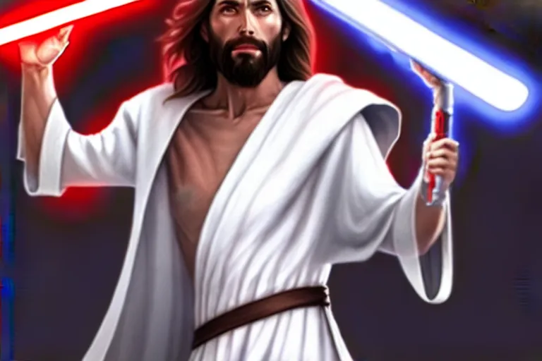 Prompt: jesus christ in a white robe striking an action pose, holding a lightsaber ; art by artgerm ; digital art ; character art ; star wars