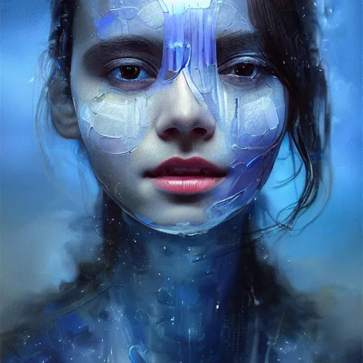 Image similar to 3 d, sci - fi, close - up, morning, smiling fashion model face, sun, cinematic, clouds, sun rays, vogue cover style, poster art, blue mood, realistic painting, intricate oil painting, high detail illustration, figurative art, multiple exposure, poster art, by tooth wu and wlop and beeple and greg rutkowski