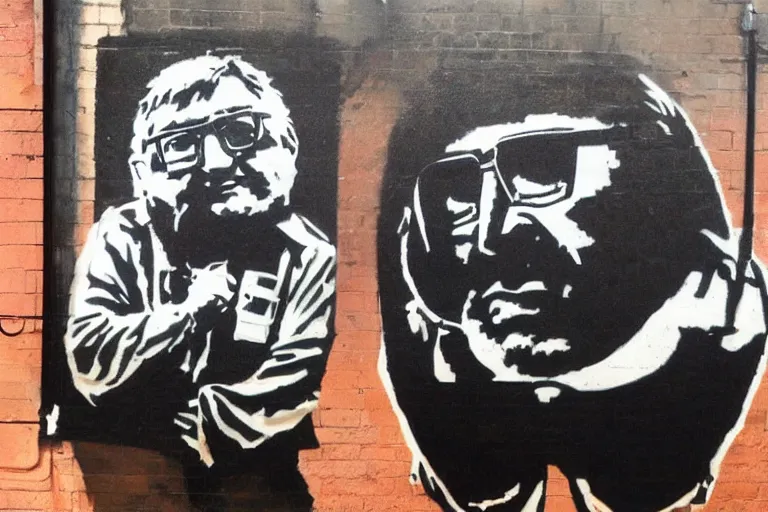 Image similar to gabe newell painted by banksy