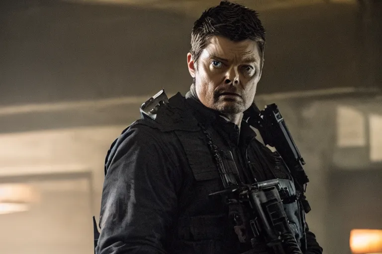 Image similar to a film still of Karl urban in punisher, high quality