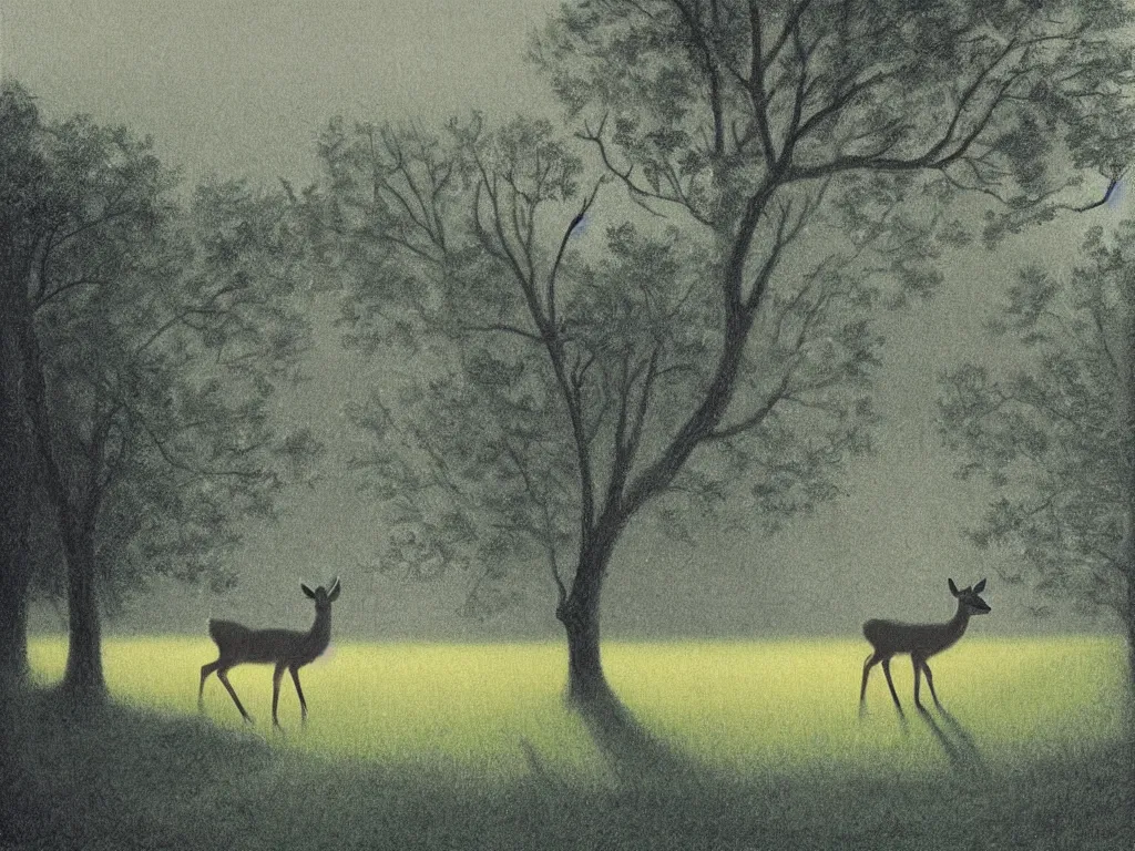 Prompt: a young deer on a suburban lawn at dusk, by quint buchholz and dean ellis