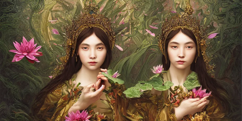 Prompt: breathtaking detailed concept art painting of the goddess of water lily flowers, orthodox saint, with anxious, piercing eyes, ornate background, amalgamation of leaves and flowers, by Hsiao-Ron Cheng, extremely moody lighting, 8K