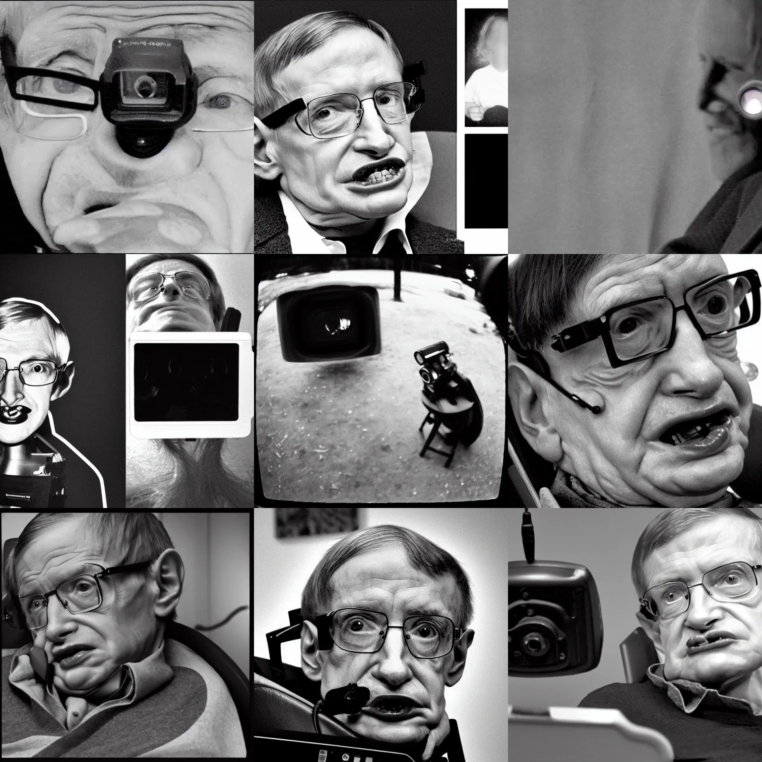 Prompt: trail cam footage of stephen hawking, nightvision, black and white, creepy