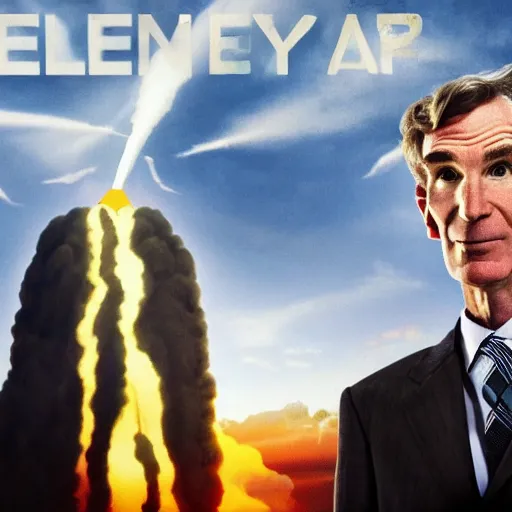 Image similar to bill nye the science guy launching a nuclear bomb, looking enlightened, 4k, photography, detailed, detailed face, sharp, cinematic lighting