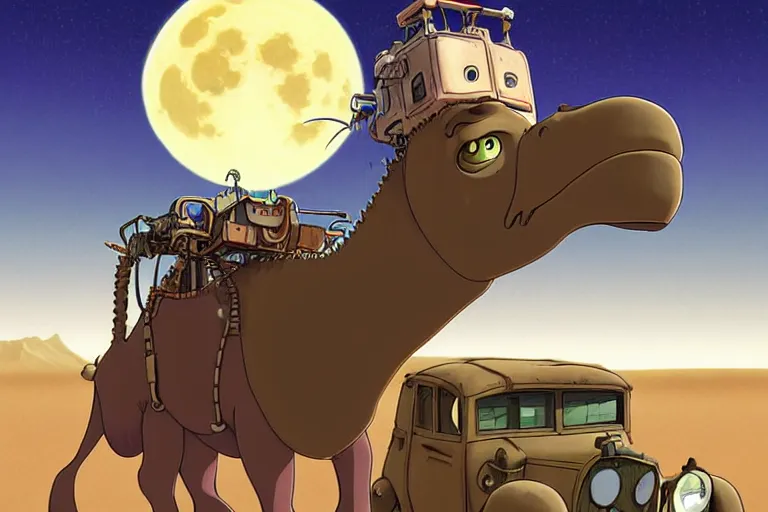 Image similar to a cell shaded cartoon of a lovecraftian mechanized camel from howl's moving castle ( 2 0 0 4 ), on a desert road, in front of a full moon, full body, wide shot, very muted colors, post grunge, studio ghibli, laurie greasley, highly detailed, deviantart, art by artgem