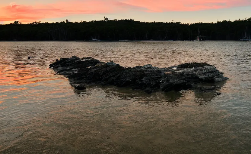 Prompt: wide picture at sunset of bathtub island at katherine's cove