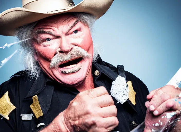 Prompt: photo still of rip taylor at a drug bust!!!!!!!! at age 5 4 years old 5 4 years of age!!!!!!! throwing confetti from a bucket, 8 k, 8 5 mm f 1. 8, studio lighting, rim light, right side key light