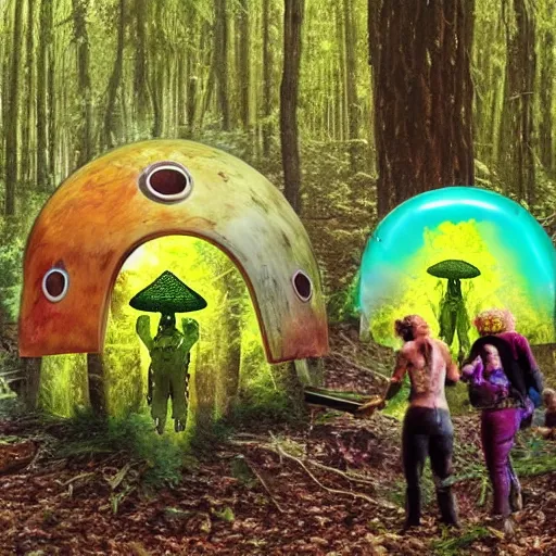 Prompt: Aliens in the shape of mushrooms being harvested by hippies in the woods, with UFO flying around, realistic